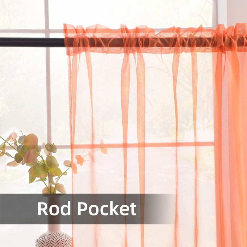 youleyar Solid Sheer Rod Pocket Curtain Voile Draperies 2 Panels White Beige Black Grey Coffee 52 Inch Width 96 Inch Long 1 Pair for Kitchen Bedroom Children Living Room Yard (Orange Red,52Wx96L) - Image 3